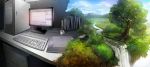 computer_keyboard computer_mouse desk instrument keyboard monitor mountain mouse nature nori_(infinite_r-evolution) original river scenery sky surreal tablet tree 
