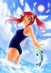  green_eyes lakuhito one-piece one-piece_swimsuit original red_hair redhead solo swimsuit twintails wet 