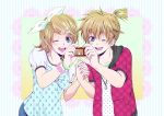  blue_eyes camera casual digudigudan hair_ornament hair_ribbon hairclip kagamine_len kagamine_rin ribbon self_shot short_hair siblings smile twins vocaloid wink 