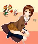  blazer brown_eyes brown_hair cardigan dig_dug dutch_angle famicom frygar futami_ami futami_mami girls_playing_games glasses hagiwara_yukiho head_tilt helmet idolmaster kabaya_kousuke nonowa pillow plaid plaid_skirt playing_games pooka school_uniform short_hair skirt smile tartan video_game 