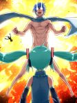  ahoge aqua_hair blue_hair clenched_hands detached_sleeves explosion eye_beam hatsune_miku headphones kaito kamui_gakupo kuroino long_hair male manly naked_scarf nude obstructed_view open_mouth scarf twintails vocaloid 