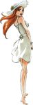  1girl barefoot bleach breasts brown_eyes dress female flower full_body hat hat_flower inoue_orihime kubo_taito kubo_tite large_breasts legs long_hair looking_back official_art open_mouth orange_hair simple_background sleeveless sleeveless_dress smile solo standing sun_dress sun_hat sundress transparent_background white_dress white_hat white_headwear 