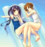  bad_id barefoot black_hair brown_eyes brown_hair digital_media_player earphones feet flat_chest hirasawa_ui inflatable_raft ipod k-on! lying mitchie mitsu_king multiple_girls nakano_azusa one-piece_swimsuit school_swimsuit short_hair swimsuit twintails white_school_swimsuit 