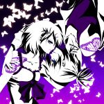  brother_and_sister butterfly butterfly_wings gradient gradient_background high_contrast incest kagamine_len kagamine_rin melou migikata_no_chou_(vocaloid) monochrome purple purple_background short_hair siblings spot_color tattoo twincest twins vocaloid wings 
