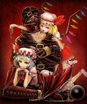  ball_and_chain bat_wings bdsm blonde_hair blue_hair bondage chain chains chin_rest fangs flandre_scarlet gag gagged gimp_suit hat on_stomach red_eyes remilia_scarlet ring_gag sai-go short_hair siblings sisters touhou wings 
