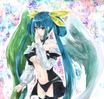  1girl asymmetrical_wings bad_id blue_hair bow breasts dizzy guilty_gear hair_bow large_breasts long_hair midriff navel red_eyes tail thigh-highs thighhighs unabara_misumi under_boob underboob wings 