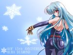  1600x1200 ass back belt blue_hair c.r. elbow_gloves gloves highres king_of_fighters kula_diamond long_hair looking_back pink_eyes snow snowflakes solo very_long_hair wallpaper 