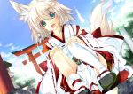  bad_id blonde_hair blue_eyes detached_sleeves dutch_angle fox_ears hair_ornament japanese_clothes miko open_mouth original sandals shirokitsune squatting tail thighhighs torii 