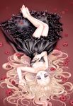  bare_shoulders barefoot black_dress blonde_hair collarbone dress feet flower frilled_dress frills hand_on_own_chest hands lolita_fashion long_hair looking_at_viewer lying plastic_moon purple_eyes source_request upside-down 