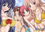  4girls artemisumi bikini blue_eyes blue_hair brown_hair green_eyes hair_ornament large_breasts looking_at_viewer parterre&#039;s_kiss pink_hair red_eyes small_breasts smile swimsuit under_boob violet_eyes 