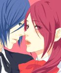  1girl arisato_minato blue_hair blush couple hair_over_one_eye kirijou_mitsuru lips lipstick persona persona_3 red_hair red_ribbon redhead sumitan 