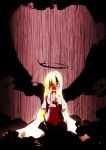  1girl :d blonde_hair blouse darkness evil_smile ex-rumia fangs frilled_skirt frills hair_over_one_eye halo highres long_hair open_mouth red_eyes ribbon rumia skirt smile touhou very_long_hair vest wings 