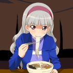  bowl chopsticks eating food hairband idolmaster long_hair noodles pink_eyes ramen shijou_takane silver_hair solo sweat 
