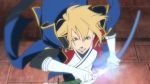  blazblue blonde_hair cap grin japanese_clothes jin_kisaragi kisaragi_jin male solo sword uniform 