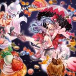  blush boots cake candy cape cookie cup doughnut elbow_gloves food fruit gloves happy highres macaron mont_blanc_(food) naka_nohito original pastries pastry pink_eyes side_ponytail strawberry sweets umbrella 
