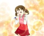  1girl animated_gif brown_hair c_(neta) castanets closed_eyes dancing doujima_nanako dress hair_ribbon instrument k-on! lowres open_mouth parody persona persona_4 ribbon smile solo twintails un_tan 