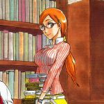  bleach book bookshelf breasts brown_eyes closed_mouth glasses grey_eyes inoue_orihime kubo_taito kubo_tite large_breasts library long_hair lowres official_art orange_eyes orange_hair ponytail shirt solo striped striped_shirt 