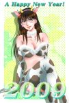  animal_ears bare_shoulders breasts brown_eyes brown_hair cleavage collar cow_ears cow_girl cow_horns cow_print cowgirl earrings elbow_gloves fur glasses gloves hajime_no_ippo horns iimura_mari jewelry large_breasts lips lipstick long_hair new_year setsuna_yuuki skirt thigh-highs thighhighs yuuki_setsuna 