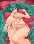  bed blush bra green_eyes green_hair hands hatsune_miku kumatani lingerie long_hair lying nail_polish outstretched_arm outstretched_hand panties reaching twintails underwear very_long_hair vocaloid 