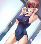  bad_id blue_eyes blush breasts brown_hair competition_swimsuit dutch_angle glasses hair_ornament hairclip hatsukoi_limited large_breasts one-piece_swimsuit open_mouth shimaji short_hair solo swimsuit watase_meguru 