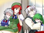  animal_ears blue_eyes blush braid hairband hat hong_meiling inubashiri_momiji izayoi_sakuya kochiya_sanae multiple_girls ribbon sleeping smile touhou twin_braids wink yuzukineko 