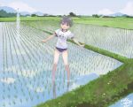  buruma gym_uniform kazuto_izumi legs original rice_field rice_paddy scenery shochuumimai short_hair solo translated water 