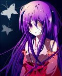  bandage bandages blood butterfly detached_sleeves hanyuu higurashi_no_naku_koro_ni horns japanese_clothes long_hair purple_eyes purple_hair rairateru solo violet_eyes 
