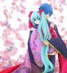  blue_hair flower hair_ribbon hatsune_miku holding inagoyarou japanese_clothes kaito kimono long_hair ribbon twintails vocaloid 