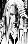  doujinshi final_fantasy final_fantasy_vii katana long_hair male monochrome sephiroth solo sword weapon white_hair 