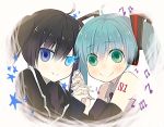  aqua_hair bad_id black_hair black_rock_shooter black_rock_shooter_(character) blue_eyes coat detached_sleeves glowing glowing_eyes green_eyes hand_holding hatsune_miku holding_hands long_hair multiple_girls musical_note nail_polish newrein pale_skin smile star twintails vocaloid 