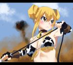  1girl absurdres bell bell_collar belt bikini bikini_top blonde_hair breasts brown_eyes cleavage collar cow_bell cow_print double_bun fairy_tail female gaston18 gloves large_breasts lucy_heartfilia midriff navel revealing_clothes smoke solo weapon whip 