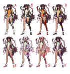  1girl aoi_nagisa_(artist) blush boots breasts brown_hair character_sheet clothed_navel female full_body gauntlets gloves hair_ribbon high_heel_boots high_heels leotard long_hair looking_at_viewer mizuki_yukikaze ribbon sketch small_breasts smile solo taimanin_(series) taimanin_asagi taimanin_yukikaze tan thigh-highs thigh_boots white_background 