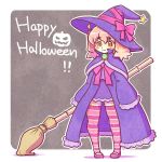  artist_request dog furry halloween halloween_costume open_mouth pink_eyes pink_hair short_hair thighhights witch_hat 
