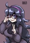  1girl ahoge al_bhed_eyes bespectacled dress female glasses hairband hex_maniac_(pokemon) nail_polish npc_trainer open_mouth pokemon pokemon_(game) pokemon_xy purple_hair smile solo v very_long_hair violet_eyes watson 