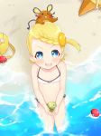  1girl atg_(wttoo0202) bag bare_shoulders beach bikini blonde_hair blue_eyes blush braid child dedenne eureka_(pokemon) flat_chest holding looking_at_viewer midriff nintendo open_mouth poke_ball pokemon pokemon_xy shiny shiny_hair staryu swimsuit whiskers zygarde zygarde_core 