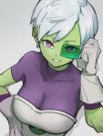  1girl bodysuit breasts cheelai colored_skin dragon_ball dragon_ball_super dragon_ball_super_broly gloves green_skin grey_background hand_on_hip kemachiku large_breasts looking_at_viewer pink_eyes purple_bodysuit scouter short_hair simple_background solo upper_body white_gloves white_hair 