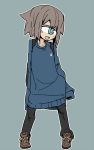  1girl :d backpack blue_eyes cyclops female flat_color full_body monster_girl open_mouth original oversized_clothes simple_background sleeves_past_wrists solo standing sweater tomatojam 