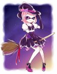  1girl broom broom_riding costume domino_mask female halloween inkling nintendo pink_eyes pink_hair pointy_ears skirt smile solo splatoon tentacle_hair winking witch witch_hat 