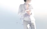  1boy black_hair collared_shirt flower gradient gradient_background male_focus original pants parted_lips plant re_degrees_(red_flagship) shirt solo unbuttoned white_background white_pants white_shirt 