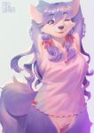  artist_request bottomless dog furry long_hair one_eye_closed purple_hair 