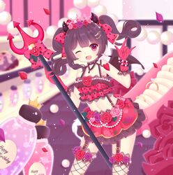  1girl bare_shoulders black_hair blush bottle bracelet choker demon_girl demon_wings earrings fishnet_legwear fishnets flower frills garter_straps gloves hair_ornament hair_ribbon hairclip happy_birthday heart heart_tattoo high_heels horns jewelry looking_at_viewer love_live! love_live!_school_idol_festival love_live!_school_idol_project midriff one_eye_closed open_mouth oversized_object perfume_bottle petals petite pink_rose pitchfork polka_dot purple_rose red_eyes red_rose ribbon ring rose sapphire_(sa_sugar252445) shoes single_shoe skirt sleeveless smile solo strapless tattoo tiara tube_top tubetop twintails wings yazawa_nico 