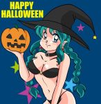  artist_request bikini black_bikini blue_eyes breasts cleavage female green_hair halloween lum pumpkin solo urusei_yatsura 