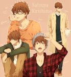  1boy aihara brown_hair character_name coat glasses high_speed! kirishima_ikuya looking_at_viewer male_focus open_mouth red_eyes short_hair sweater text 