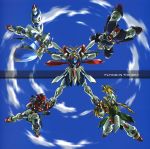  90s bolt_gundam clouds crossed_arms dragon_gundam g_gundam god_gundam gundam highres maxter_gundam mecha mobile_suit no_humans open_arms punching rose_gundam sky text 