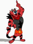  1boy cosplay crossover full_body incineroar incineroar_(cosplay) kellogg&#039;s male_focus nintendo parody pointing pointing_up pokemon pokemon_sm pose scarf solo tail tiger tony_the_tiger white_background 