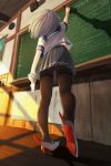  1girl abacus ceiling chalkboard eraser from_behind gloves hamakaze_(kantai_collection) holding indoors intercom kantai_collection long_hair pantyhose shadow shirt shoes short_sleeves skirt solo standing text wall yasuto_(chinchungtw200) 