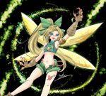  1girl artist_request bandai blonde_hair blue_hair boots breasts claws digimon fairy fairy_wings female gloves legs long_hair looking_at_viewer ponytail short_shorts shorts small_breasts smile tattoo tinkermon very_long_hair wings 
