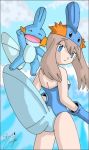  blue_eyes brown_hair haruka_(pokemon) looking_at_viewer looking_over_shoulder mudkip mudkip_(cosplay) open_mouth pokemon swimsuit tail 