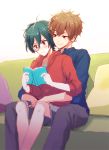  2boys blush book brothers brown_hair couch green_hair high_speed! hug implied_incest kirishima_ikuya kirishima_natsuya male_focus multiple_boys pillow raipanda red_eyes short_hair shorts sitting sitting_on_lap smile 