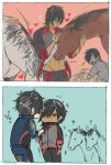  2boys 2koma ? alternate_costume animal black_hair blue_background chibi comic dark_skin dark_skinned_male eyepatch flat_color heart horse jitome male_focus multiple_boys navel ookurikara open_clothes open_mouth partially_colored personification red_background shirt_lift shokudaikiri_mitsutada silent_comic simple_background sleeves_rolled_up tattoo touken_ranbu track_suit uosuko zipping 